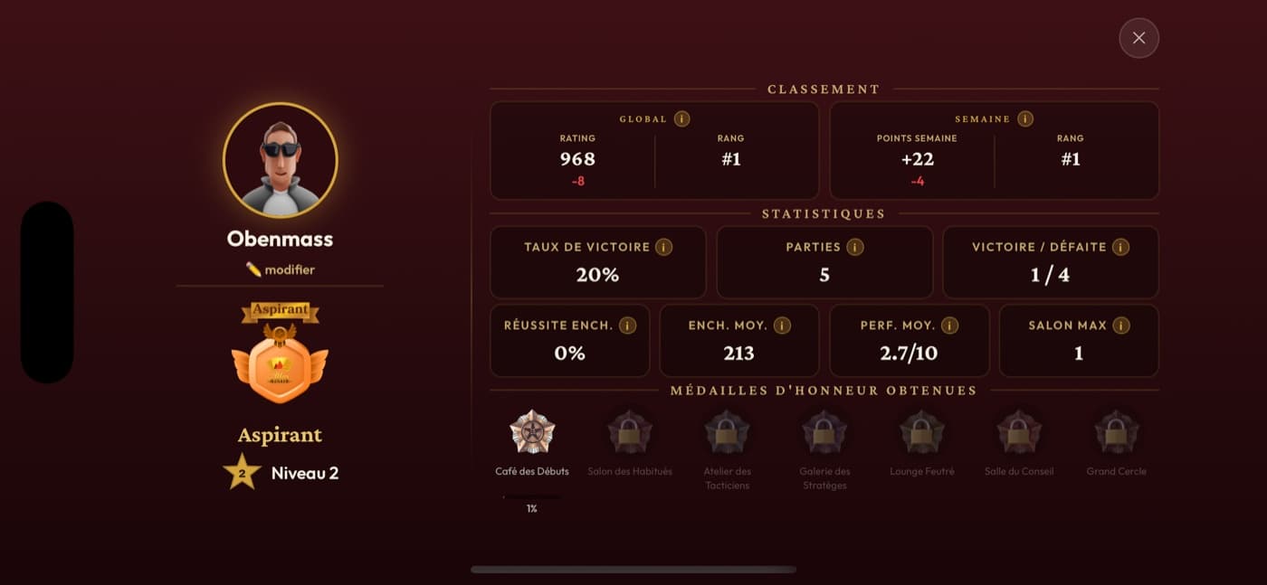 Profil détaillé — stats, classement et médailles