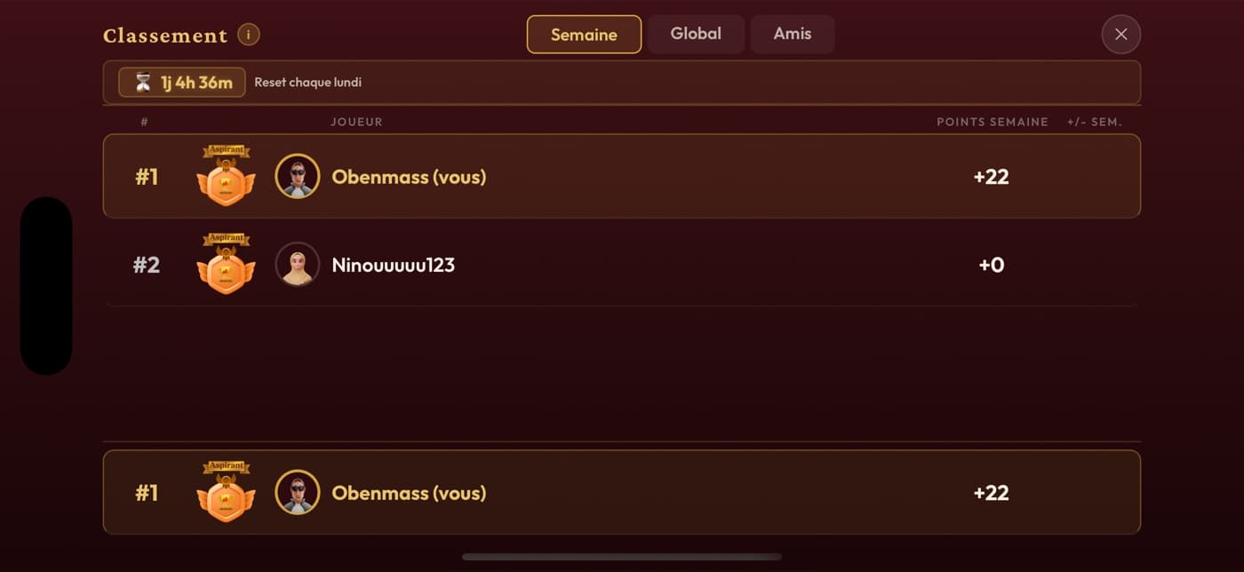 Classements semaine, global et amis